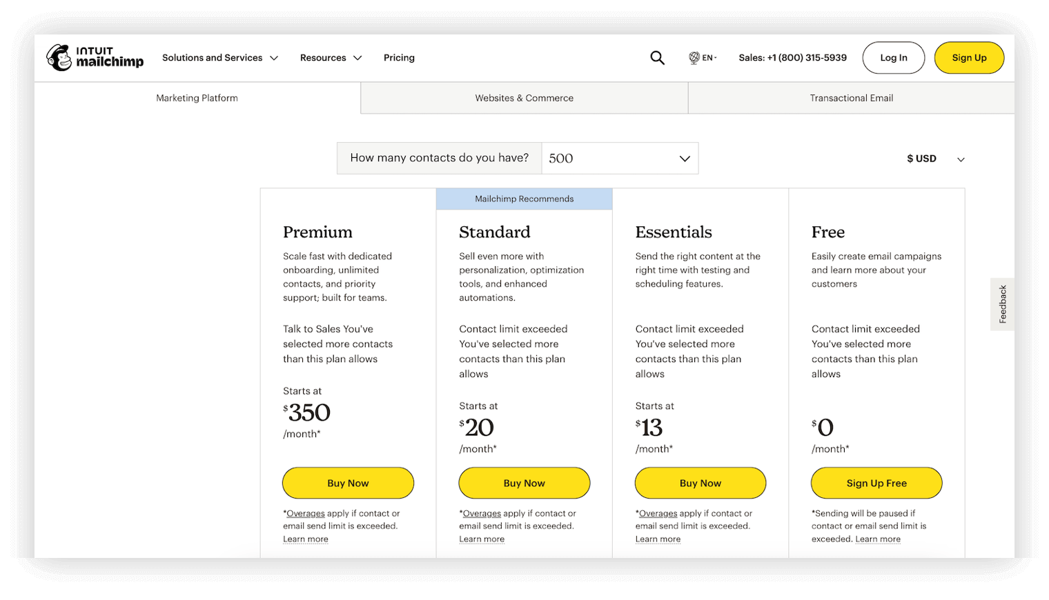 MailChimp Pricing Table as o 2023