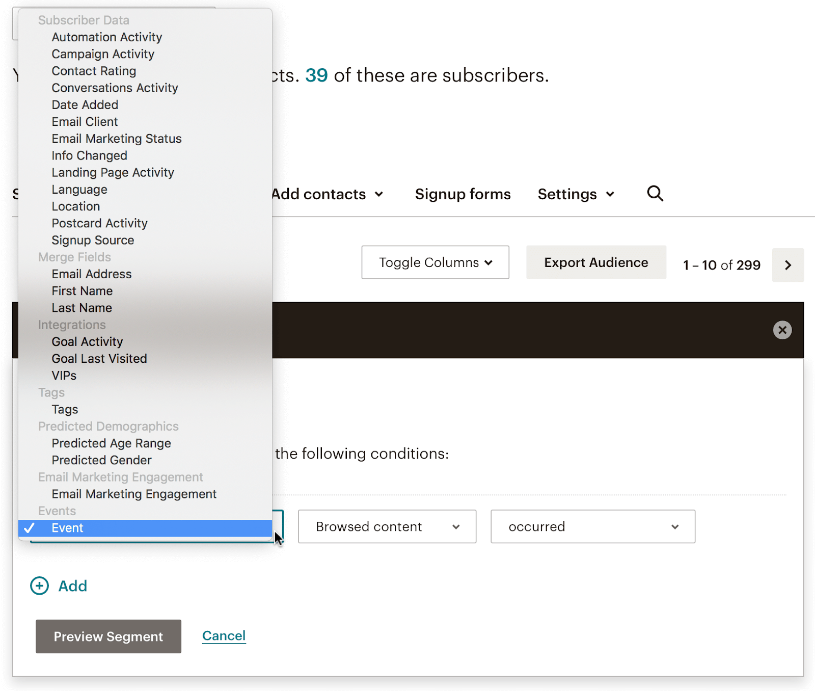 mailchimp segmentation options based on campaign activity