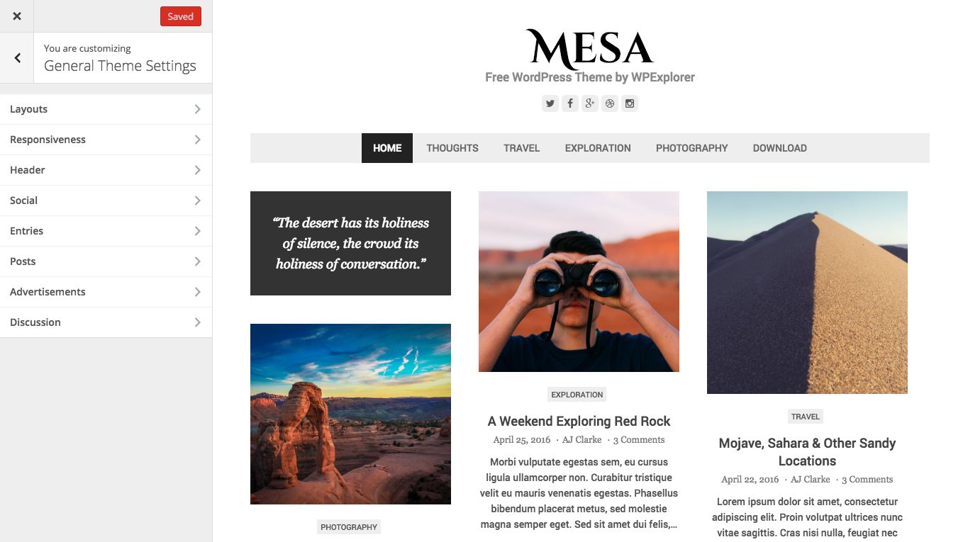 Mesa WordPress Theme Customizer