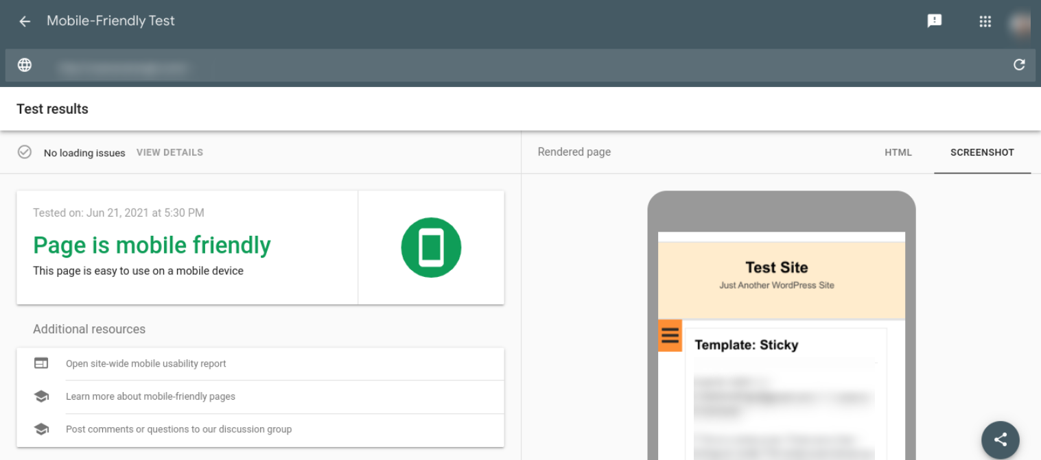 Resultados de la prueba de compatibilidad con dispositivos móviles de Google