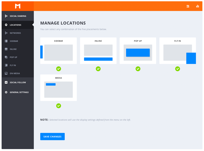 Display social sharing buttons in 5 different locations