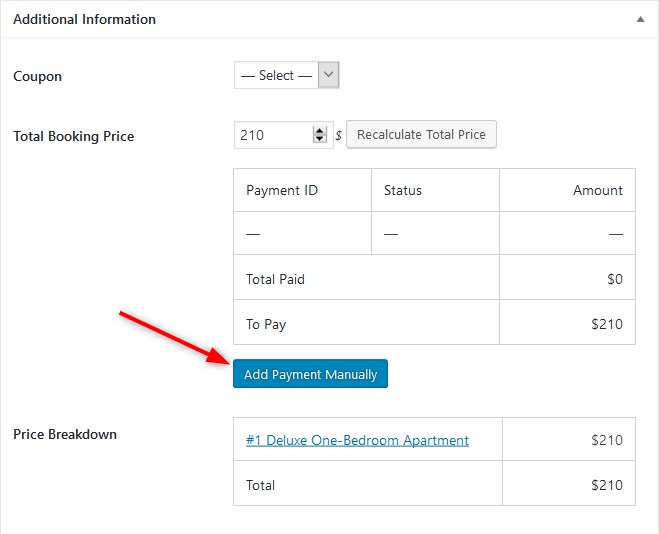 motopress hotel booking plugin add payments manually