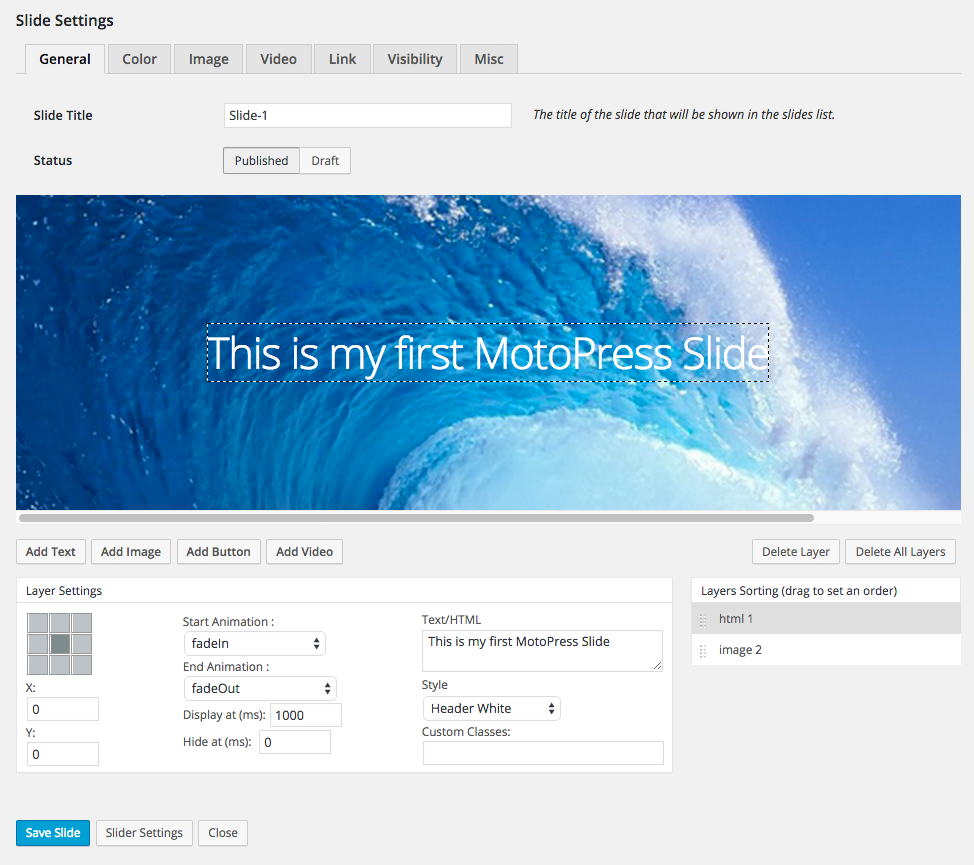 MotoPress Slide Creation Page