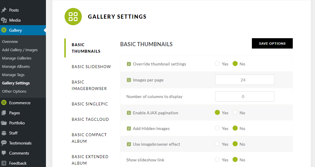 nextgen gallery settings and options