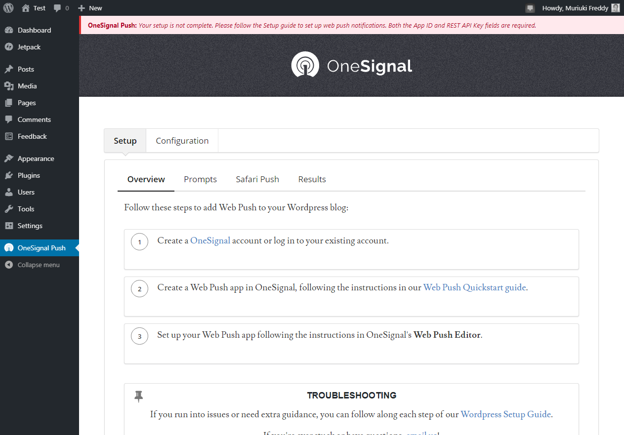 onesignal settings page in wordpress admin