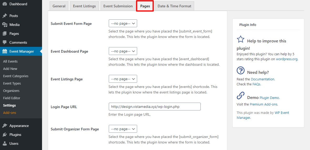 WP Event Manager pages