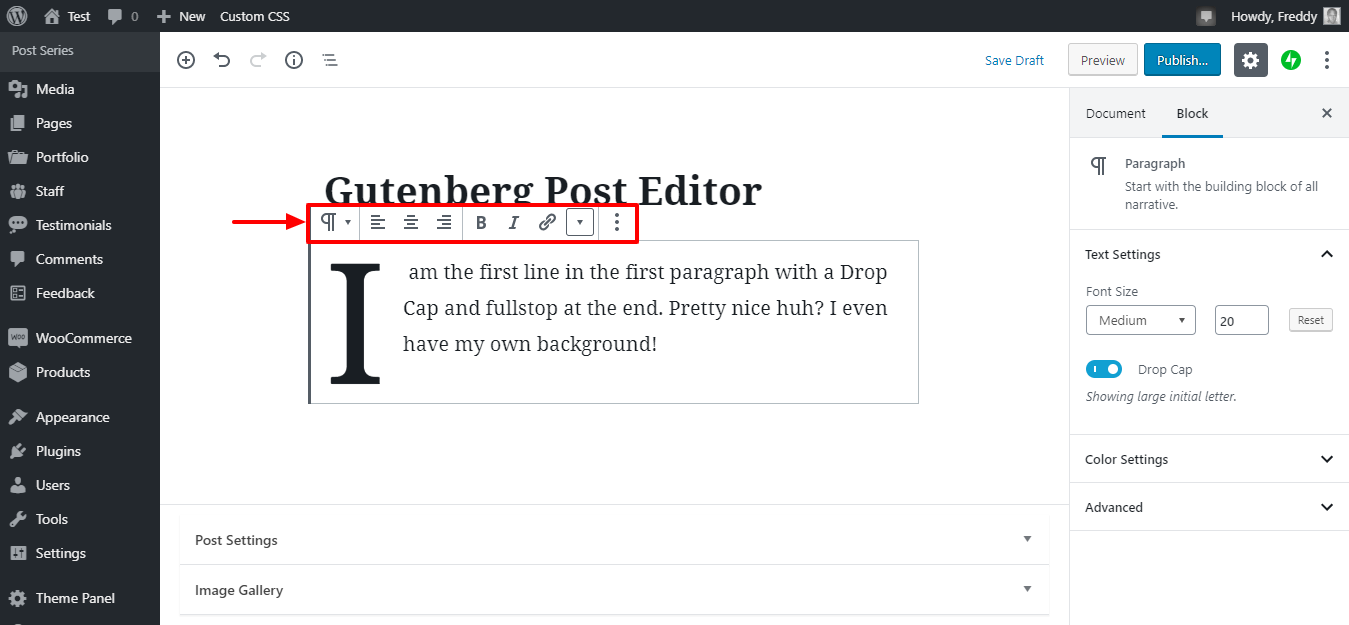 gutenberg paragraph formatting toolbar