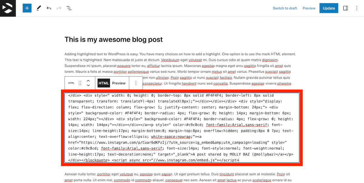 Paste Instagram Embed Code into Gutenberg HTML Block