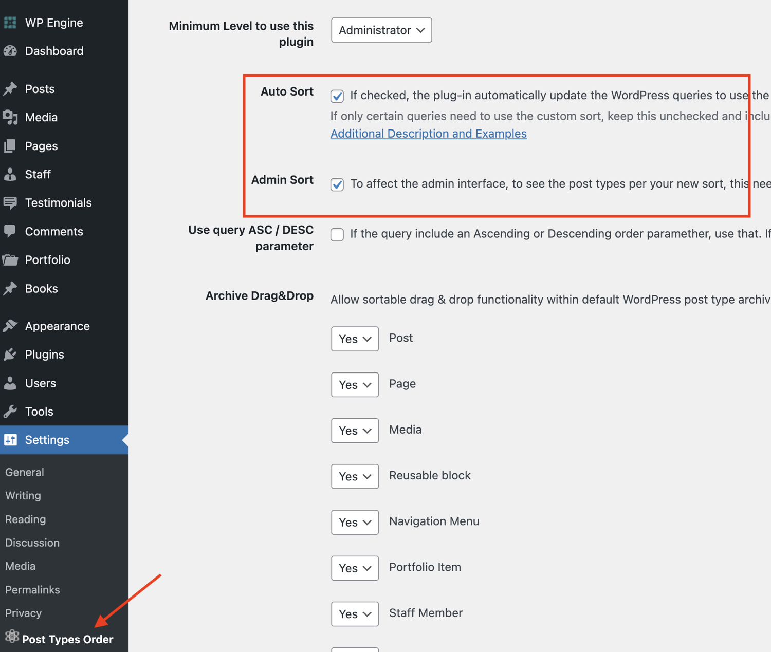 Post Types Order Auto Sort Setting