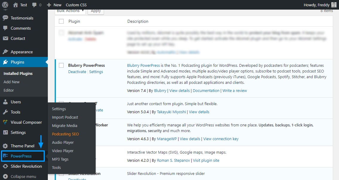 powerpress podcasting plugin on wordpress admin menu