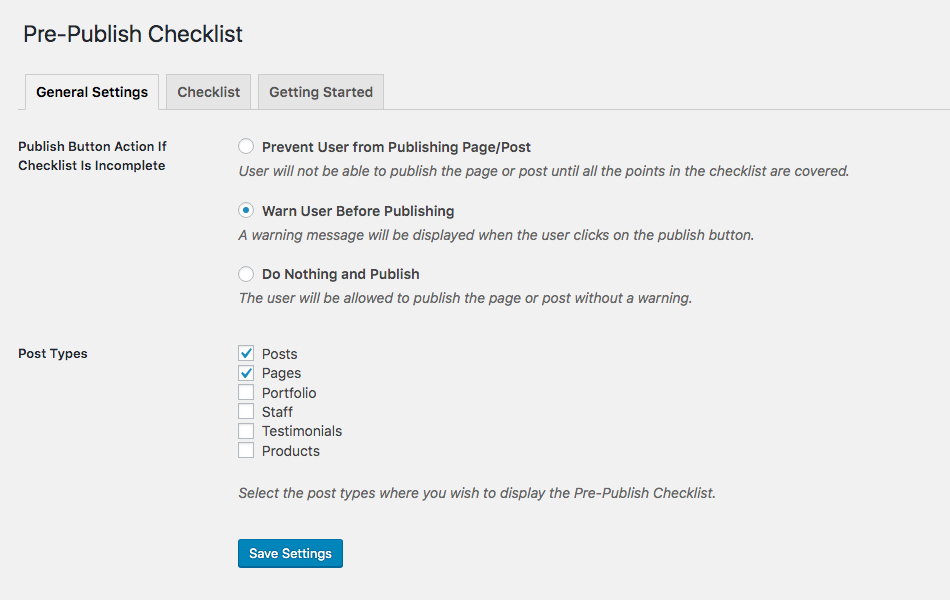 Pre-Publish Post Checklist Settings