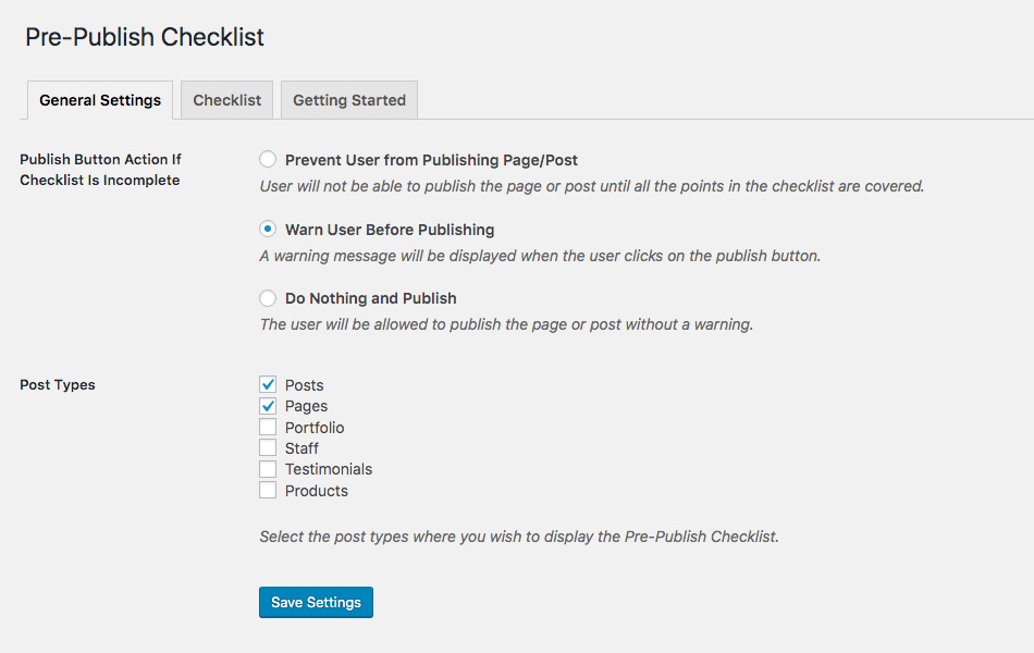 Post-publication settings of the checklist