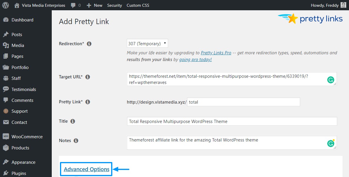 pretty links plugin admin panel