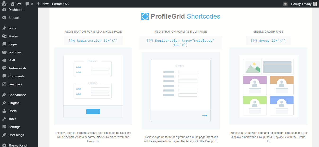 profilegrid shortcodes