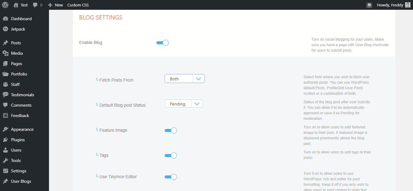 profilegrid user blog settings