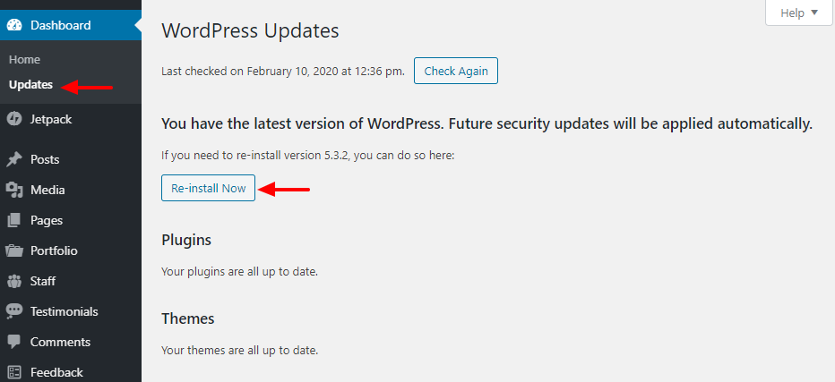 przycisk ponownej instalacji WordPress