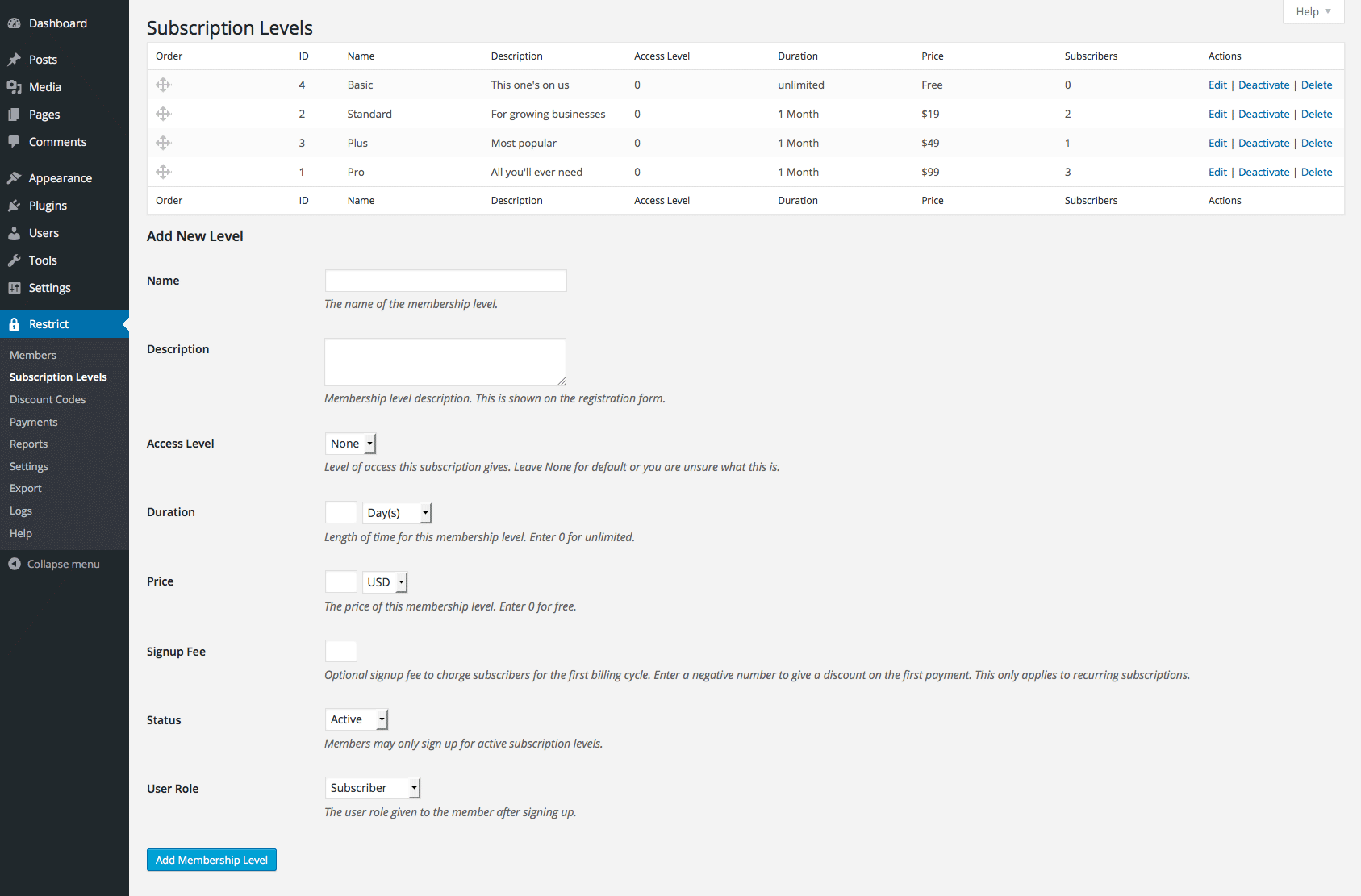 Restrict Content Pro Subscriptions