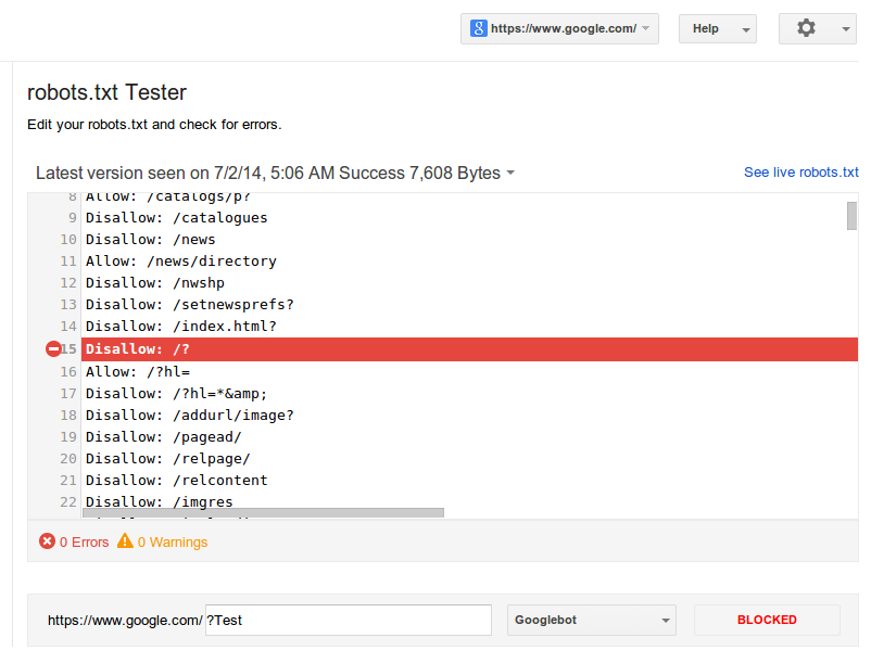 Google Webmaster Robots.txt Testing Tool