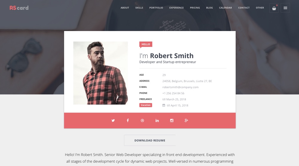 RSCard Resume, CV & vCard WordPress Theme