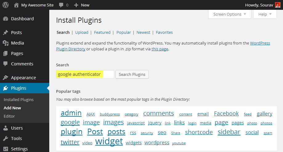Rechercher le plugin WordPress gratuit de Google Authenticator