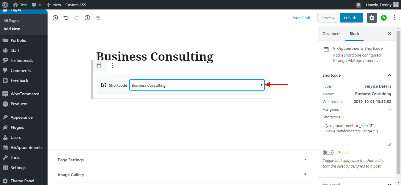 select vikappointments shortcode in gutenberg