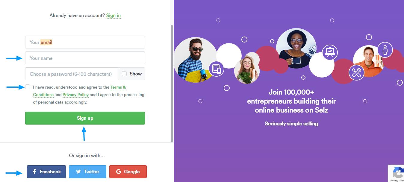 selz sign up form