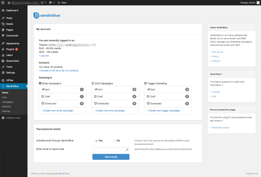 The SendinBlue WordPress dashboard.