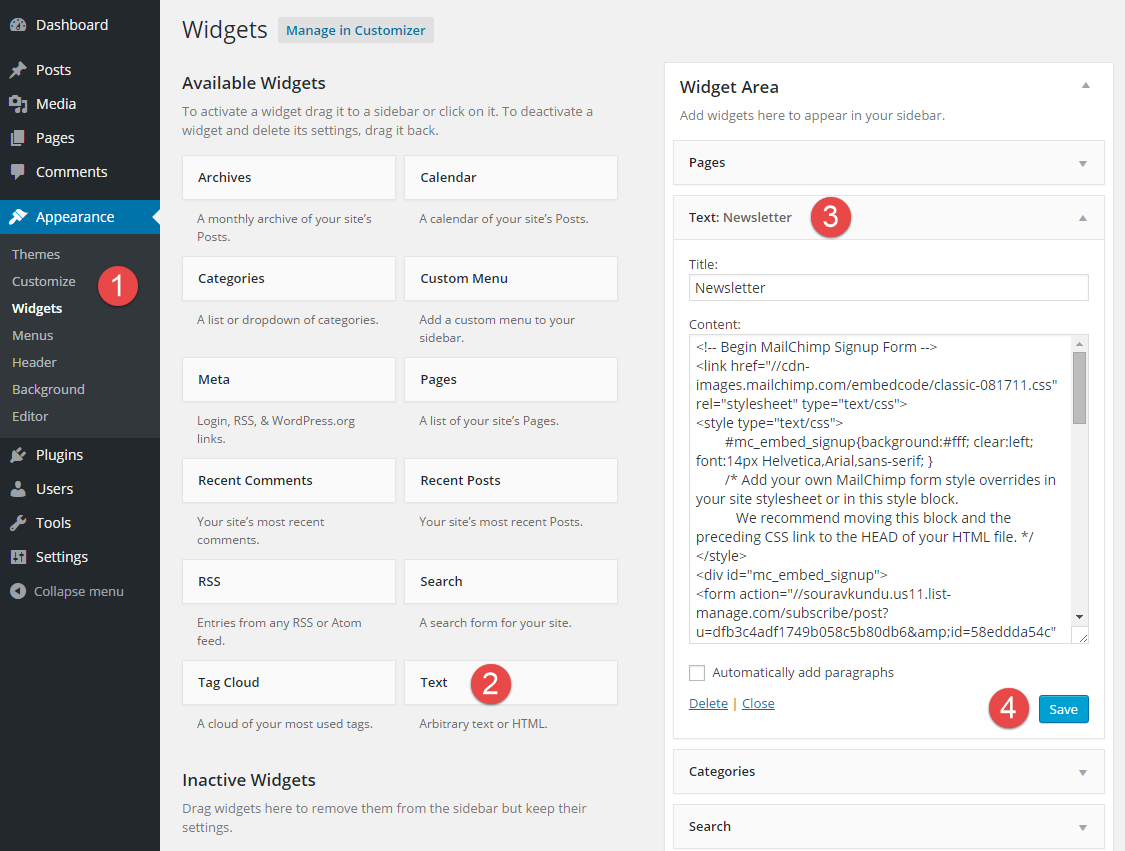 Sequence of steps to embed MailChimp signup form in a widget in WordPress