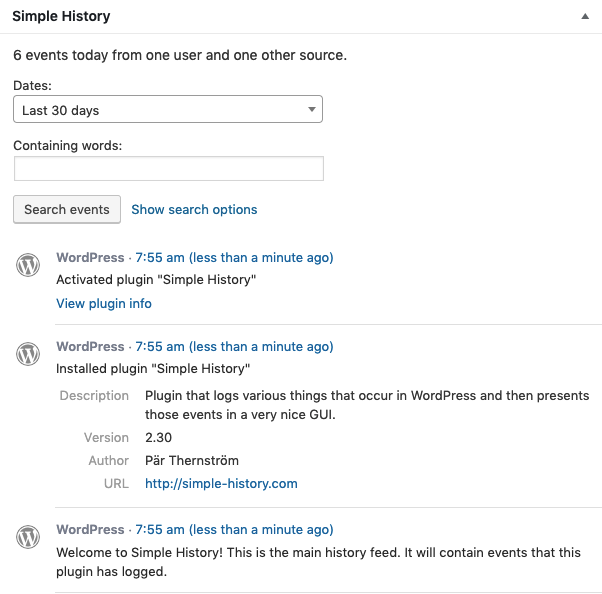 Simple History plugin