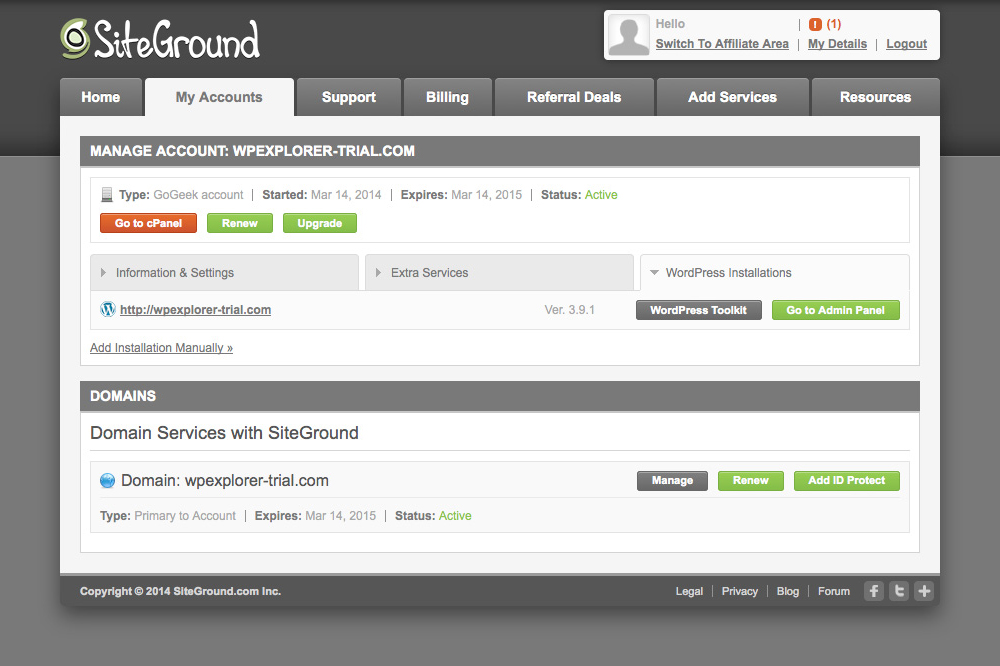 SiteGround Accounts Page