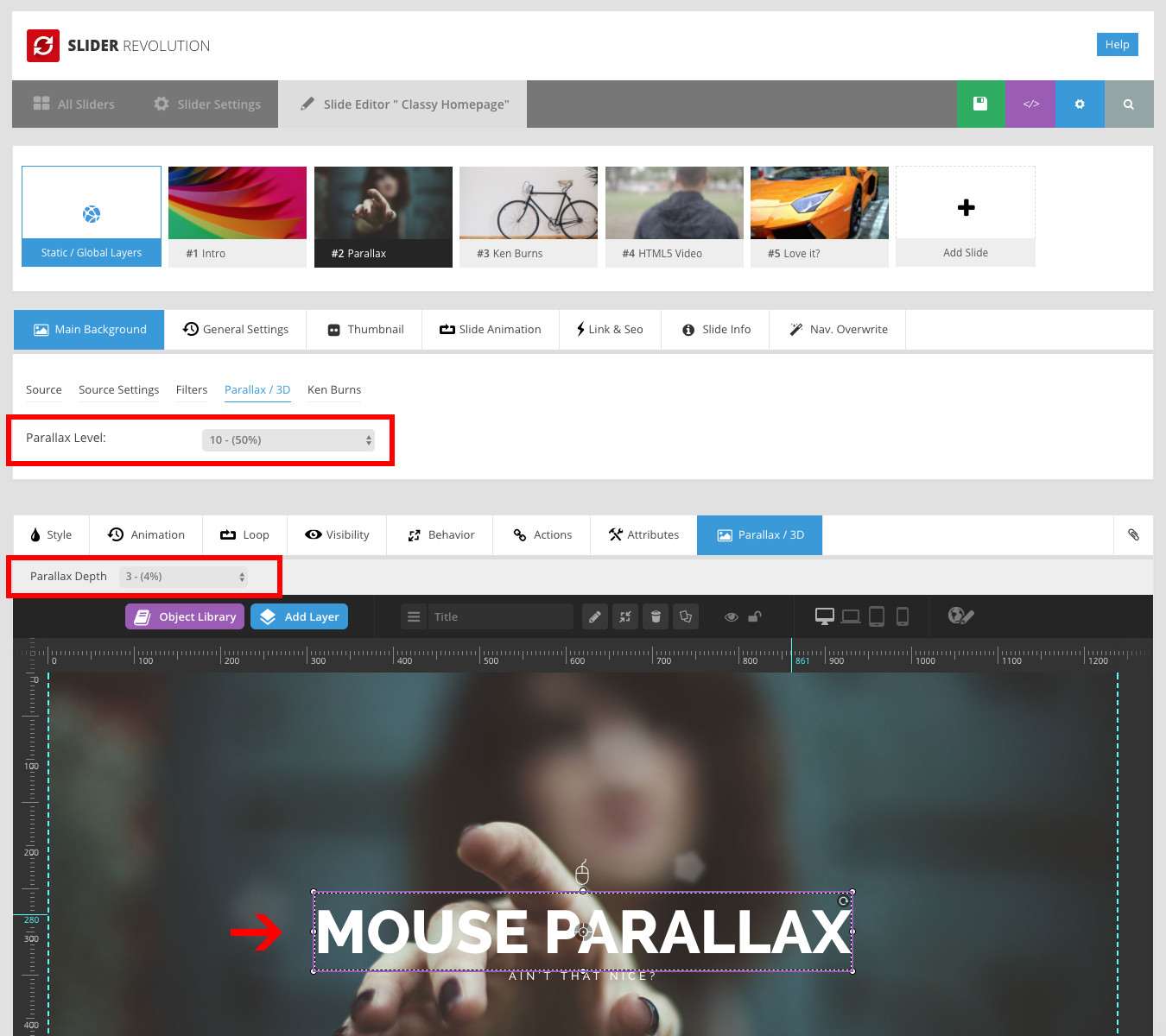 Slider Revolution Parallax Settings