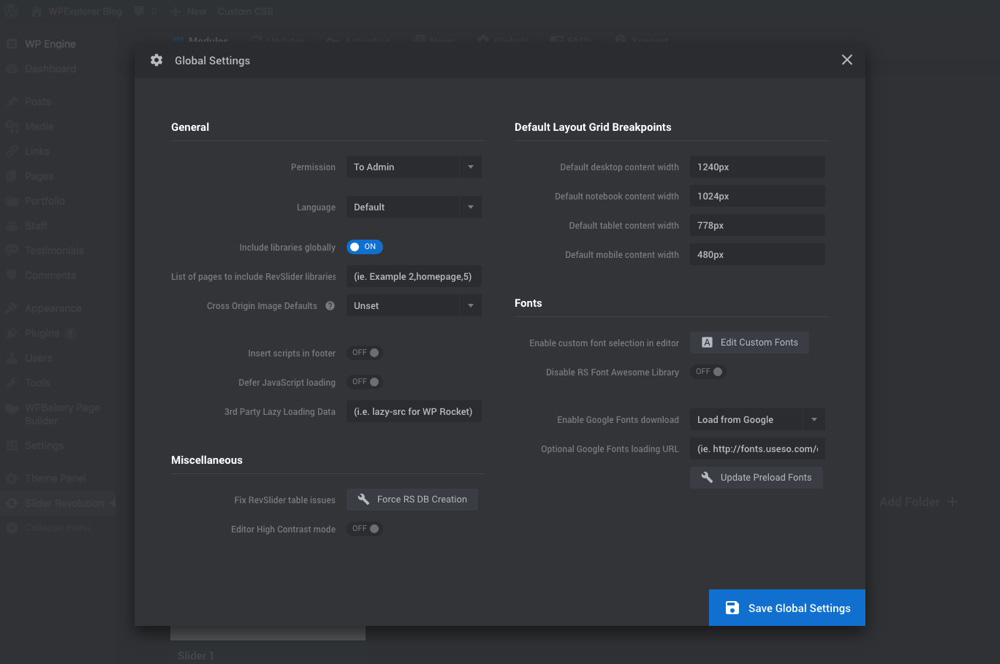 Slider Revolution Global Settings