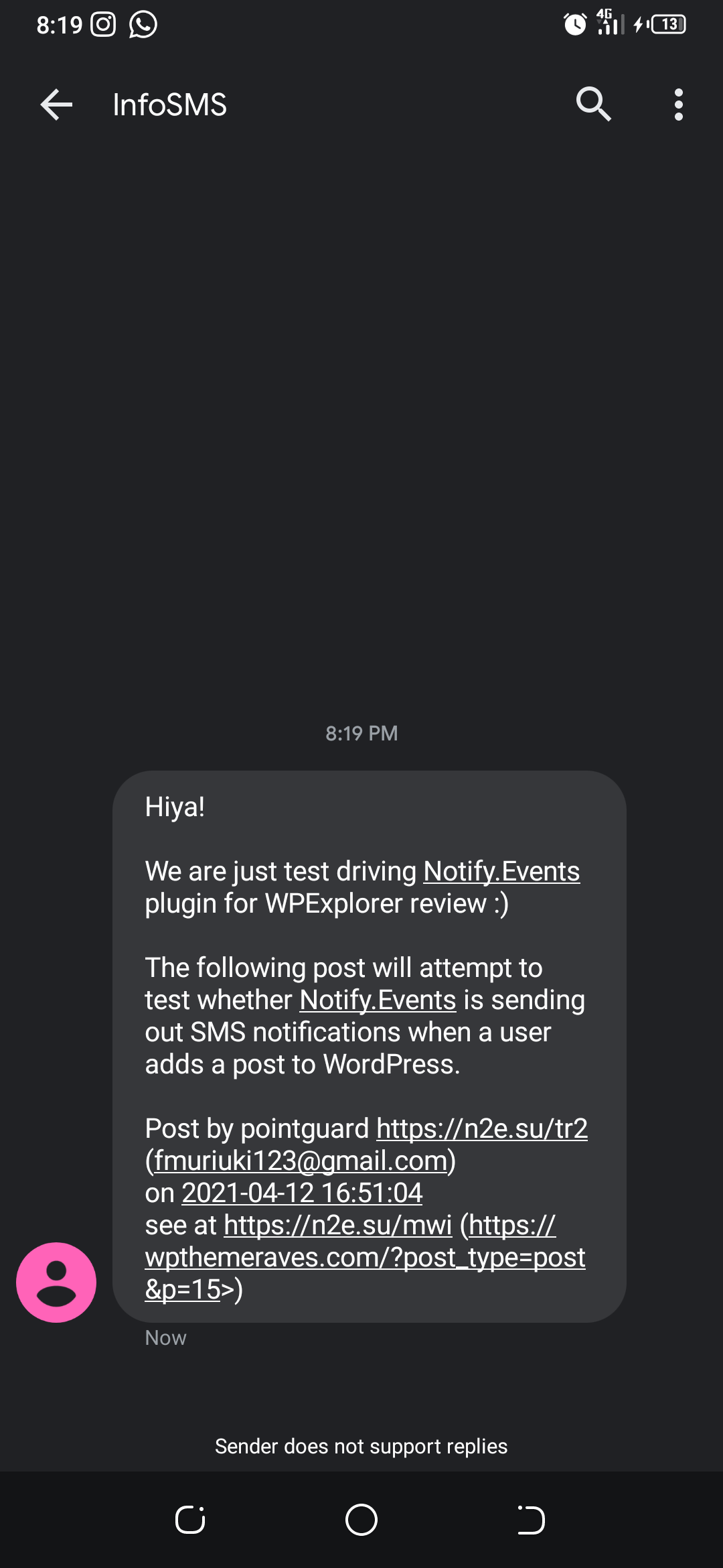 Notify Events sms