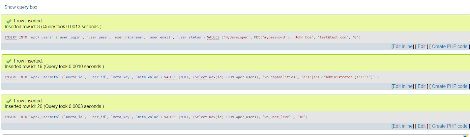 SQL Create a new Admin user Results