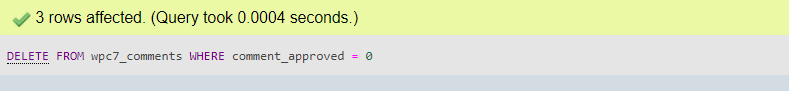 SQL Delete Unapproved Comments Success