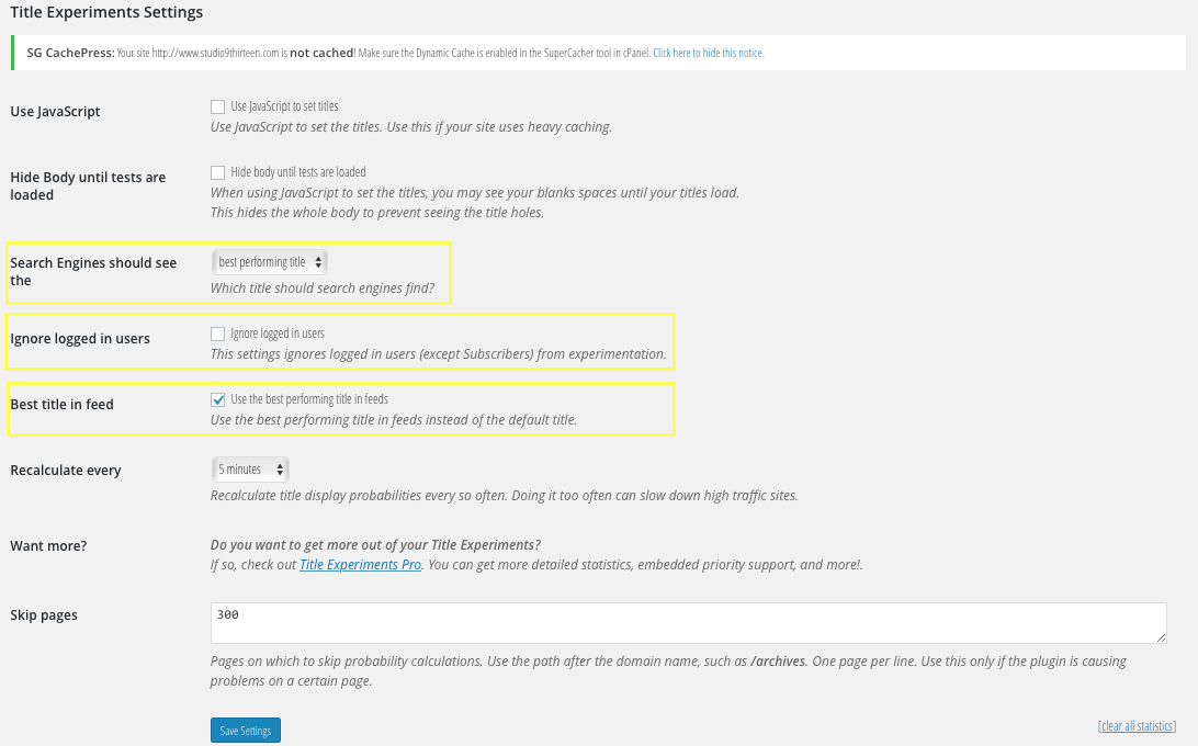 Title Experiments Free WordPress Plugin Settings