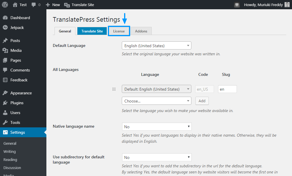 translatepress license tab