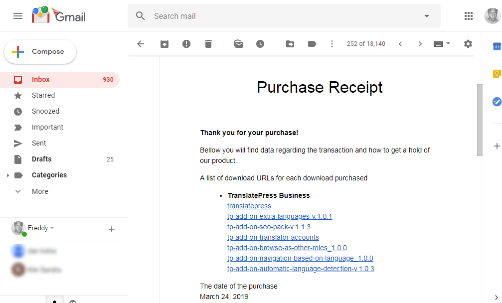 translatepress purchase receipt in gmail