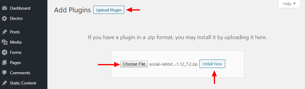 uploading the social rabbit wordpress plugin