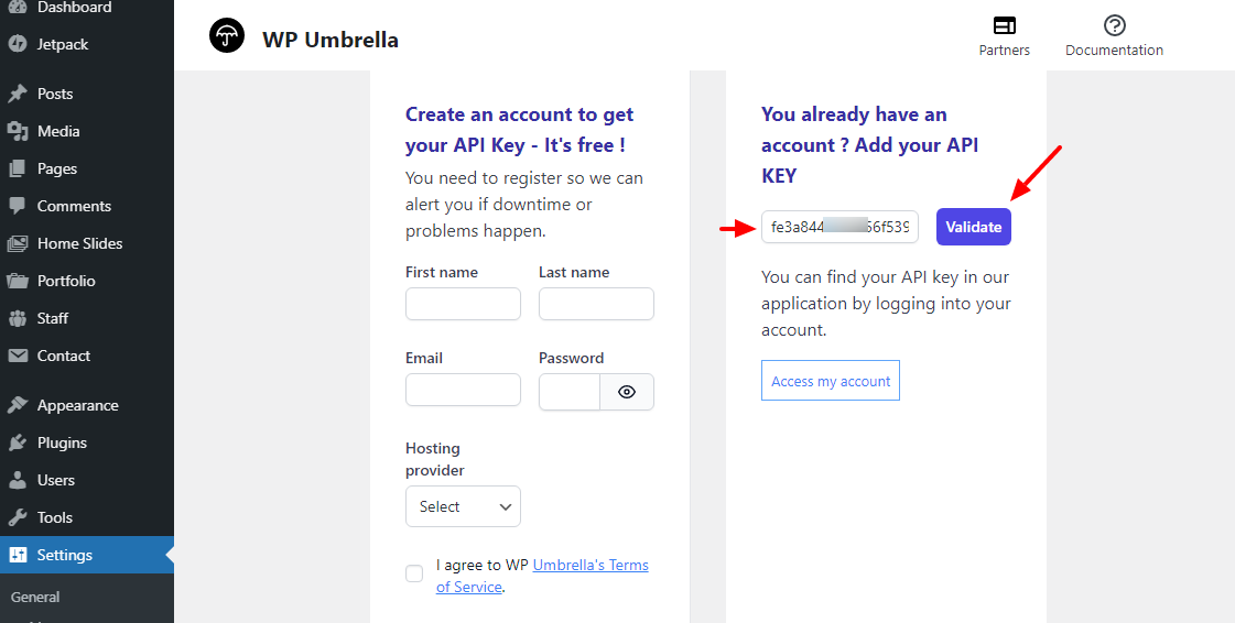 validate wp umbrella api key