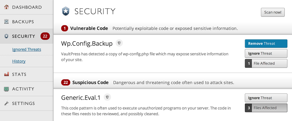 VaultPress Security Scanning