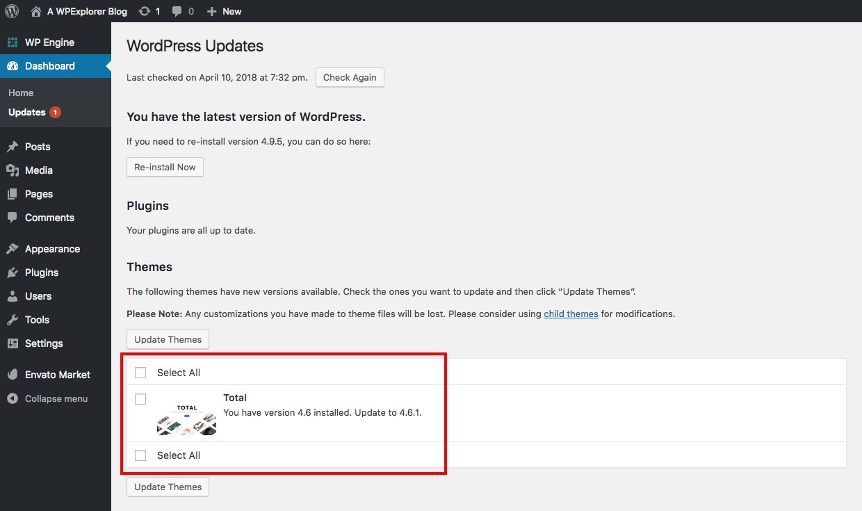 WordPress Updates Page