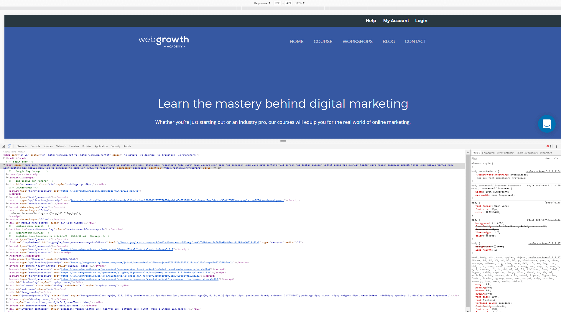 A website with the browser inspection tool open