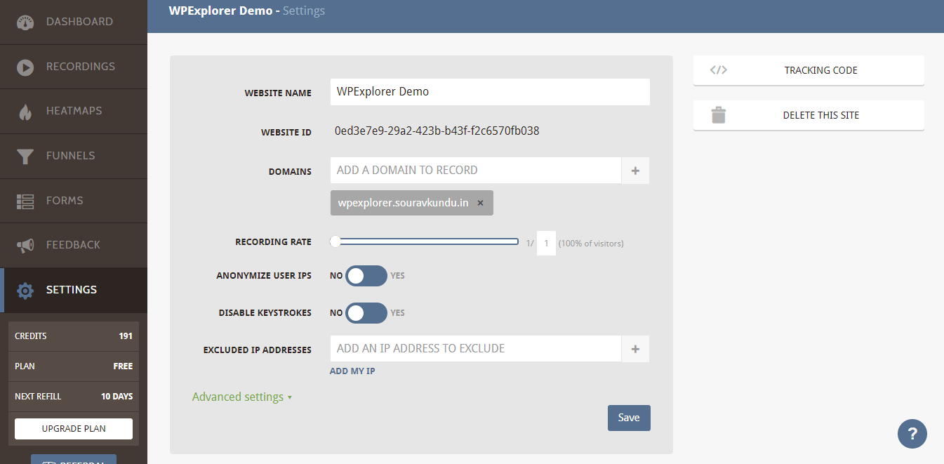 website settings in mouseflow for wordpress