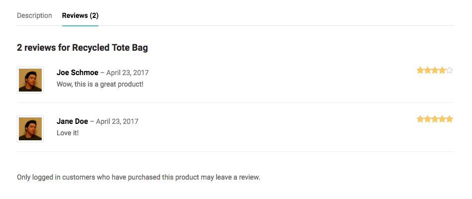 an example of reviews in a WooCommerce store