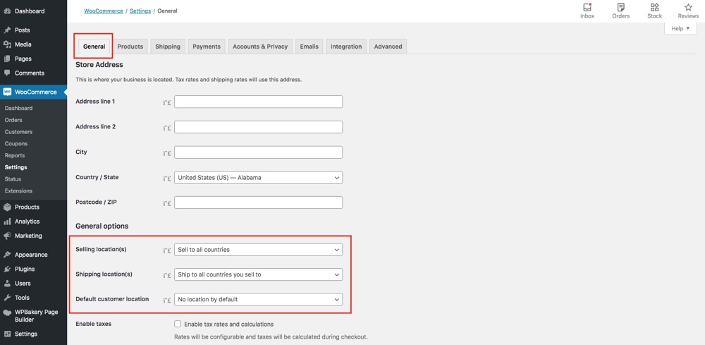 WooCommerce General Options Location Settings