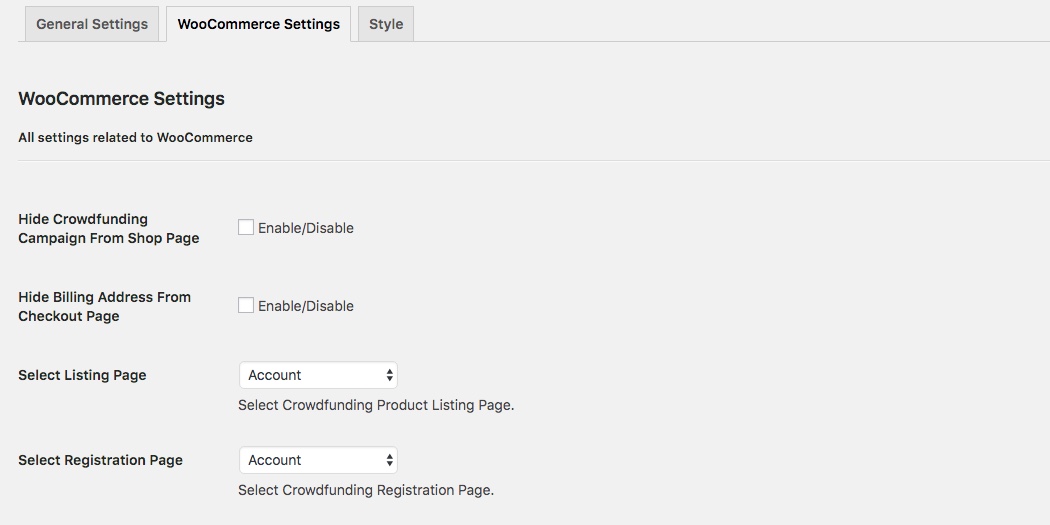 WP Crowdfunding WooCommerce Settings