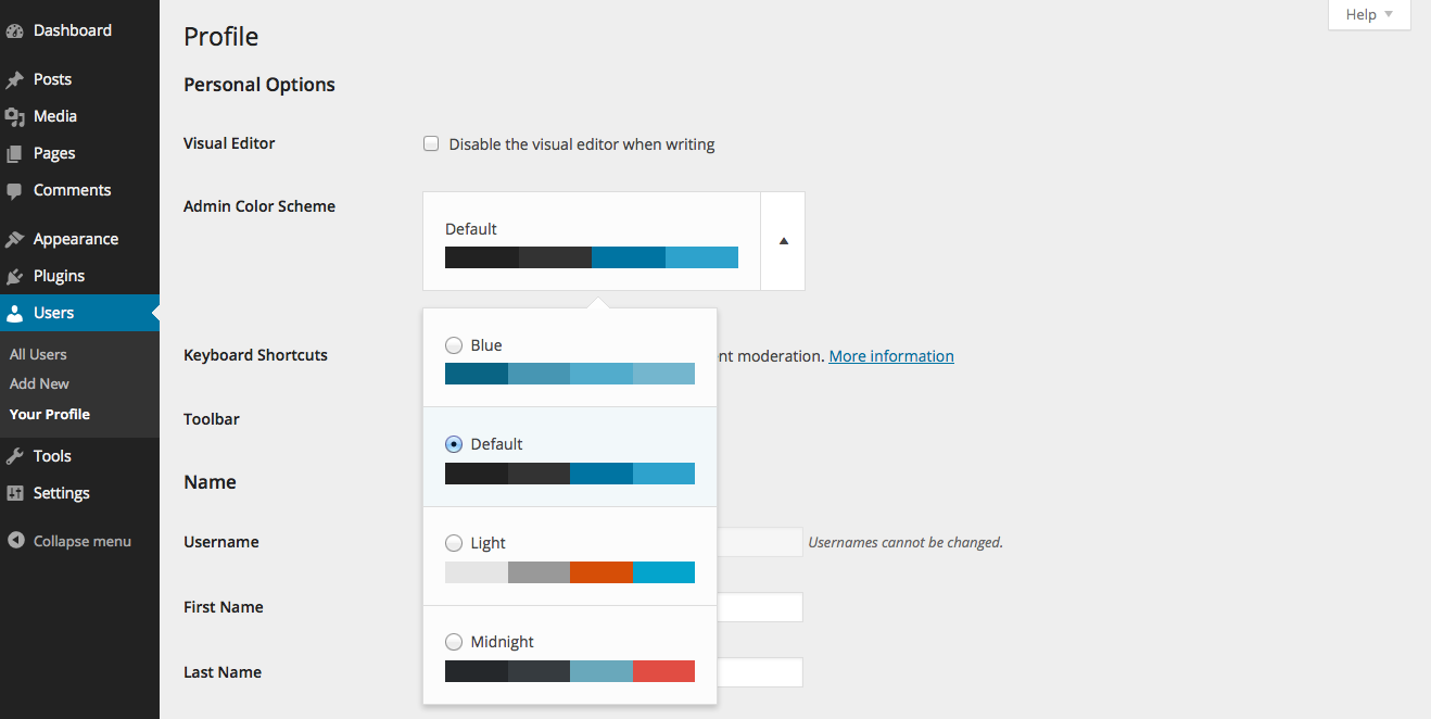 WordPress 3.8 Dashboard Color Schemes