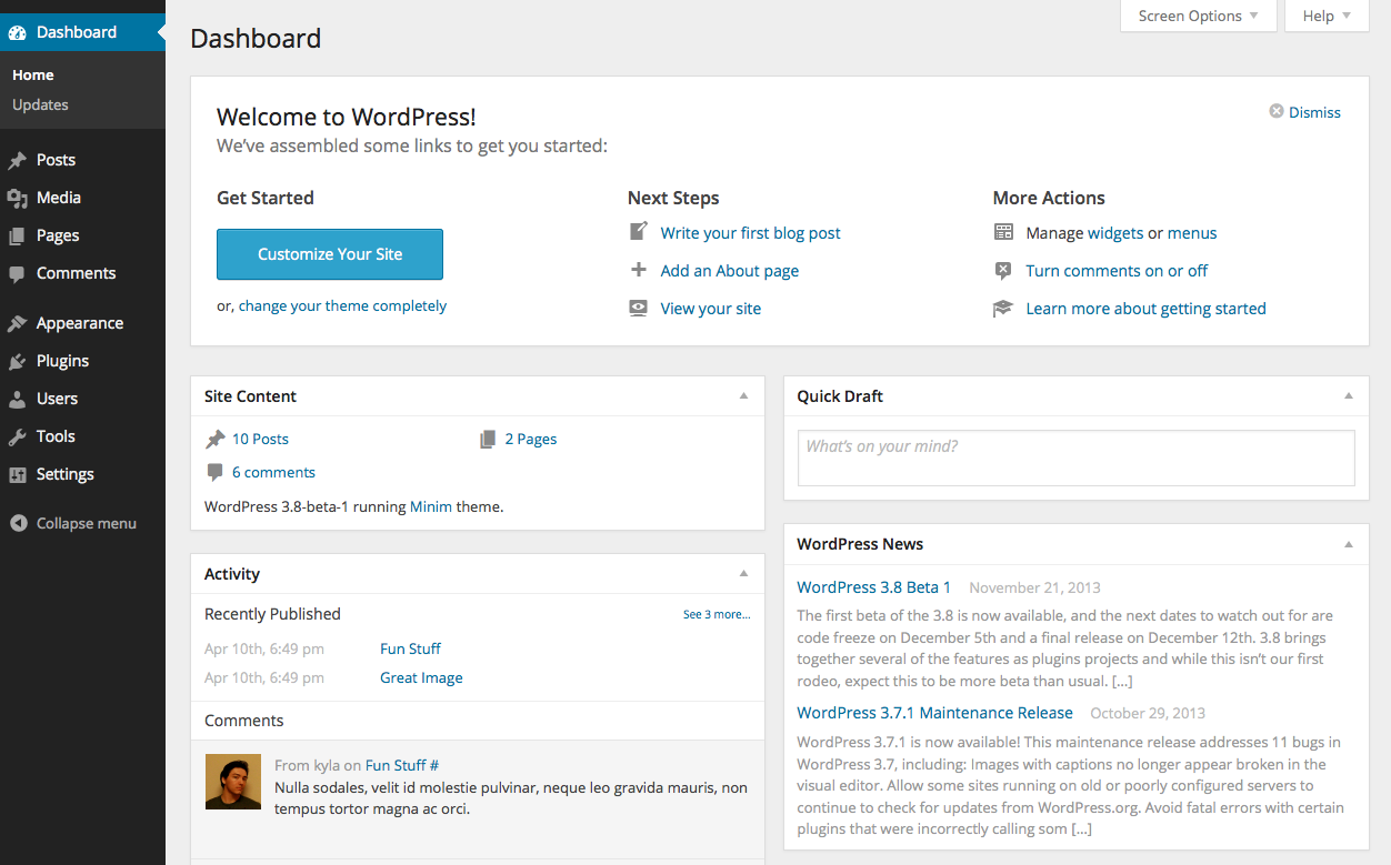 WordPress 3.8 Dashboard