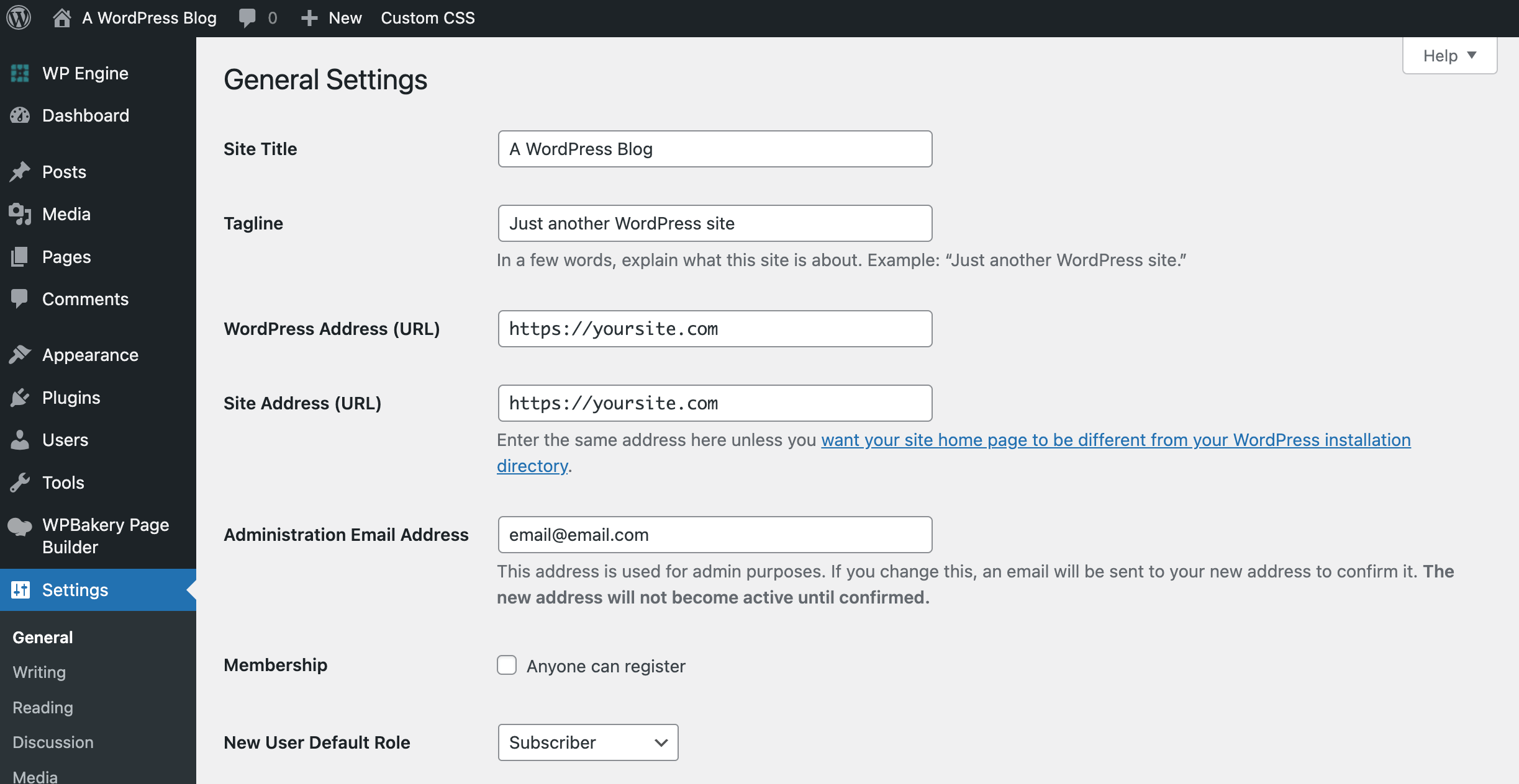 WordPress Dashboard: Settings General